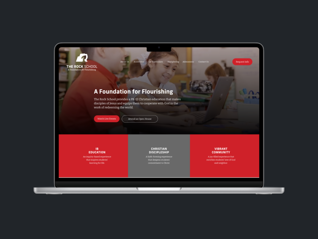 Christian school website design featuring The Rock School's homepage.