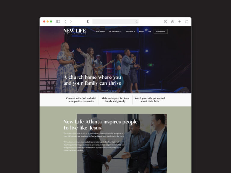 New Life Atlanta church website featuring their band and the message "A church home where you and your family can thrive.